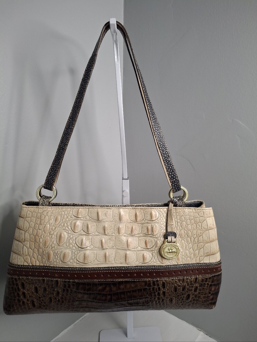 Brahmin Vintage Tri-Color Croc Embossed Leather Shoulder Bag EUC